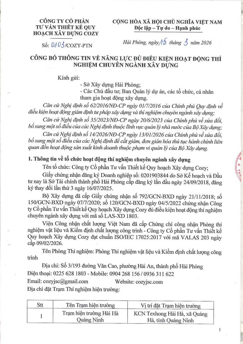 Công bố thông tin về năng lực đủ điều kiện hoạt động thí ngh...